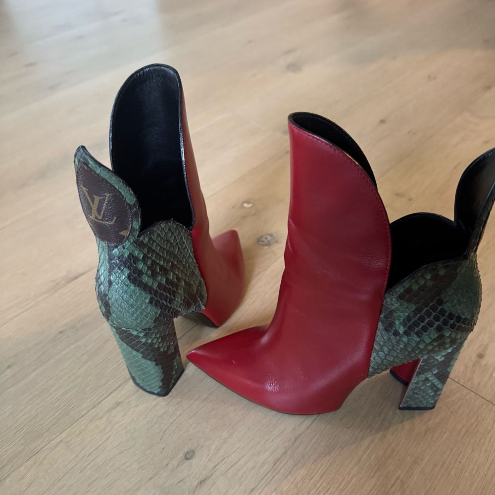 Louis Vuitton Red and Green Snakeskin Ankle Boots